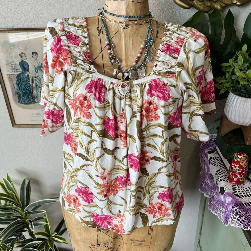 Kensie Jeans Pink Coral Green Cream Linen Blend Floral Tropical Blouse S Coastal